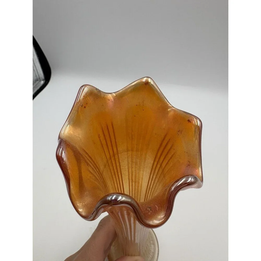 Vtg Marigold Carnival Glass Swung Tall Vase Wide Mouth Ribbed Ombre 10”